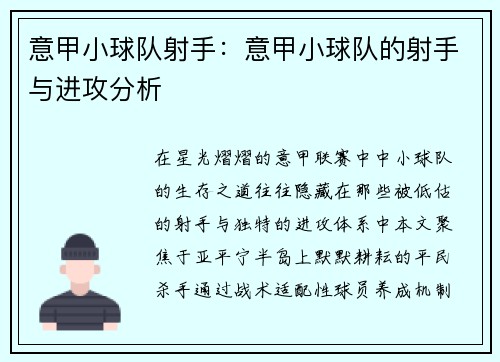 意甲小球队射手：意甲小球队的射手与进攻分析